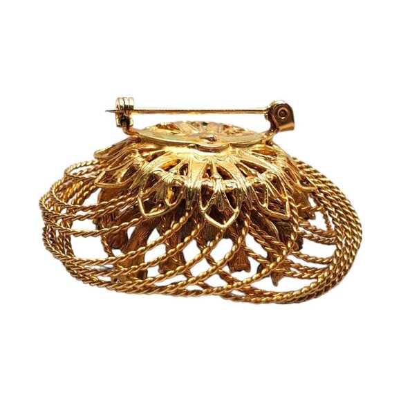 Vtg Green Peking Glass Cabochon Brooch Pink Rhinestone Intricate Wire Gold Tone - Picture 7 of 8